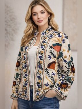 Embroidered Floral Jacket - Cream with Multicolor Floral Accents